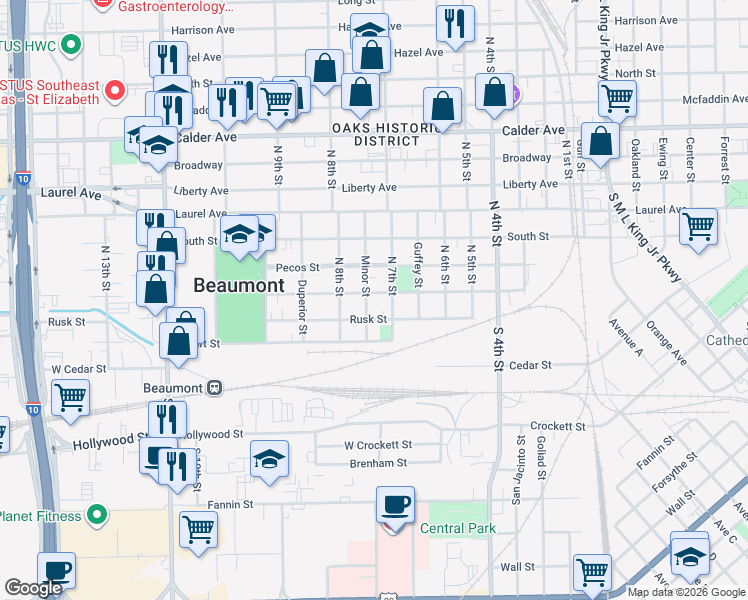 map of restaurants, bars, coffee shops, grocery stores, and more near 2335 Angelina Street in Beaumont