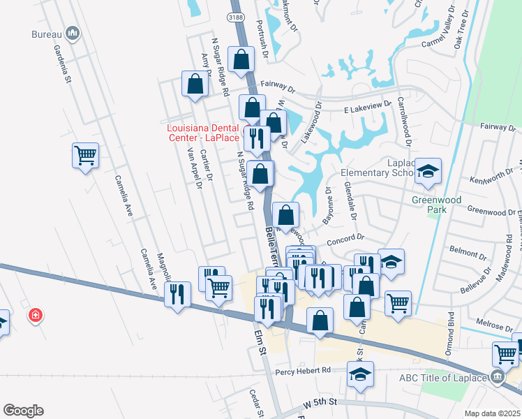 map of restaurants, bars, coffee shops, grocery stores, and more near 279 Belle Terre Boulevard in LaPlace