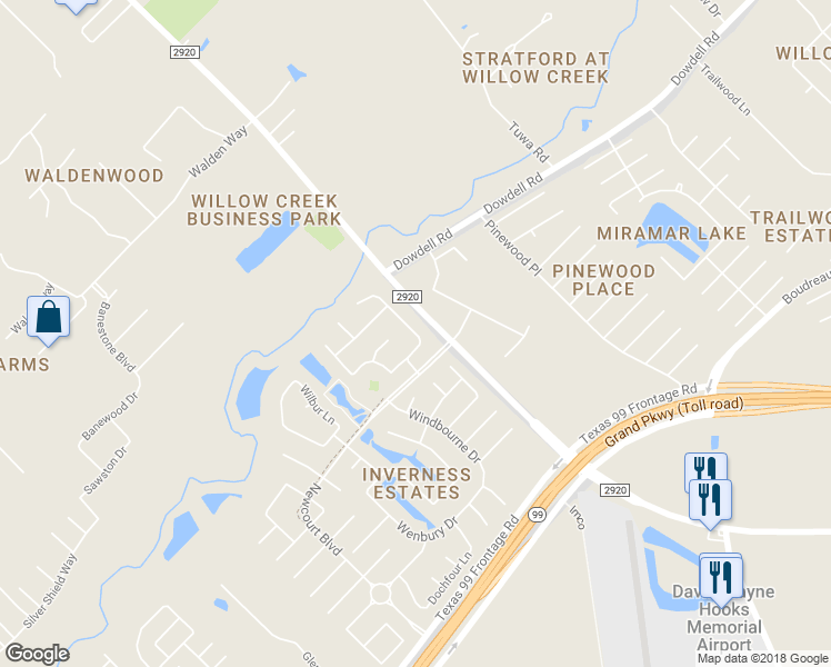 map of restaurants, bars, coffee shops, grocery stores, and more near 22814 Alderdale Lane in Tomball