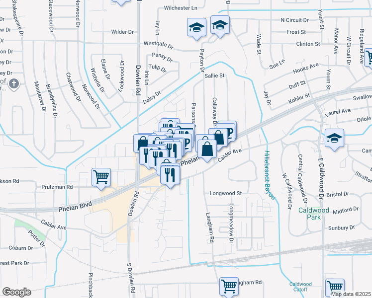 map of restaurants, bars, coffee shops, grocery stores, and more near 6220 Phelan Boulevard in Beaumont