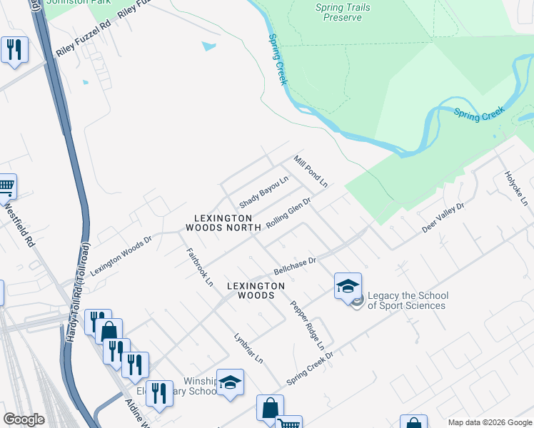 map of restaurants, bars, coffee shops, grocery stores, and more near 2502 Knollbrook Lane in Spring