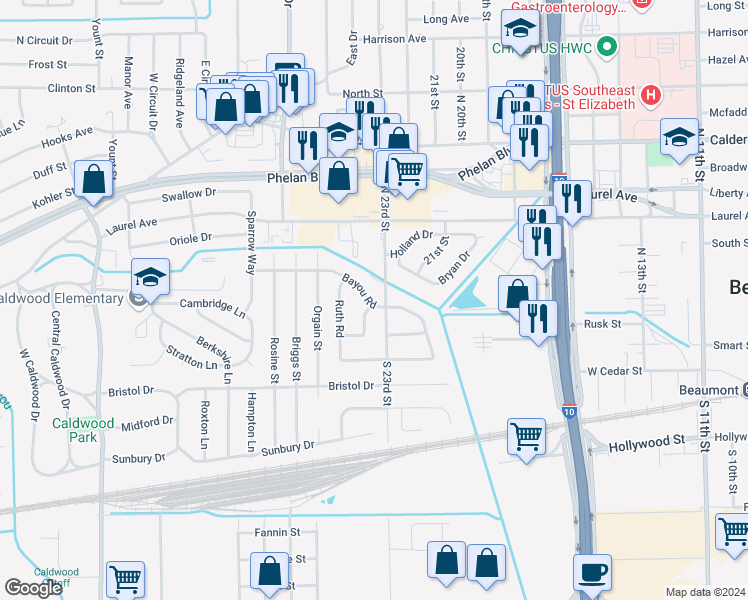 map of restaurants, bars, coffee shops, grocery stores, and more near 3930 Bayou Road in Beaumont