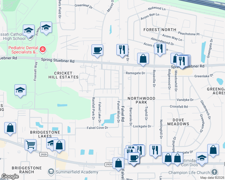 map of restaurants, bars, coffee shops, grocery stores, and more near 3963 Mossy Spring Lane in Spring