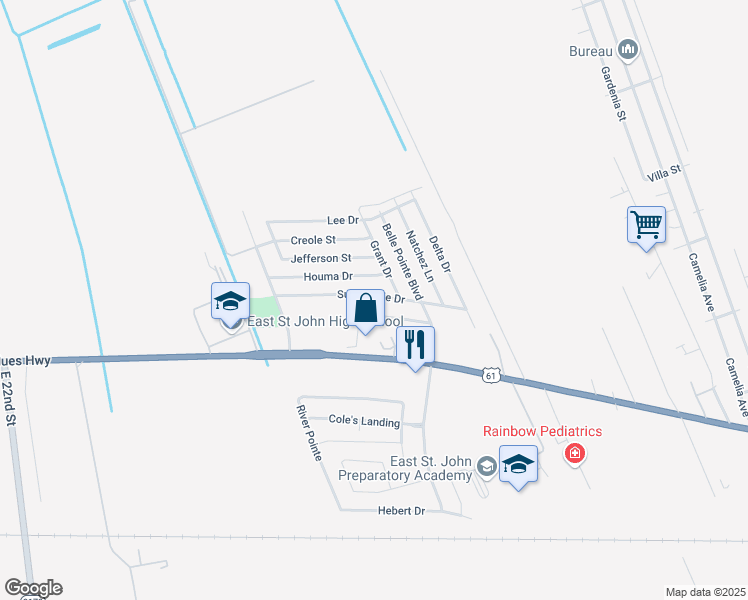 map of restaurants, bars, coffee shops, grocery stores, and more near 8878A Sunny Side Drive in LaPlace