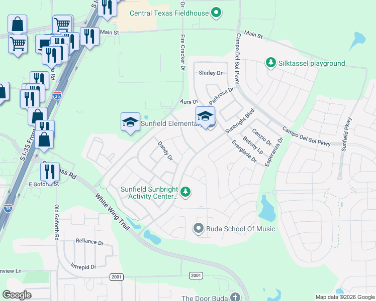 map of restaurants, bars, coffee shops, grocery stores, and more near 266 Stella Gold Street in Buda