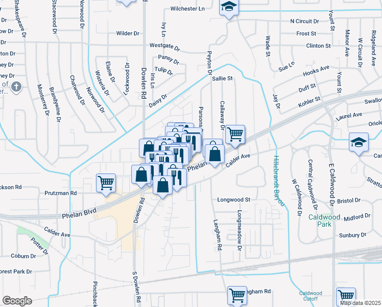 map of restaurants, bars, coffee shops, grocery stores, and more near 6220 Phelan Blvd in Beaumont