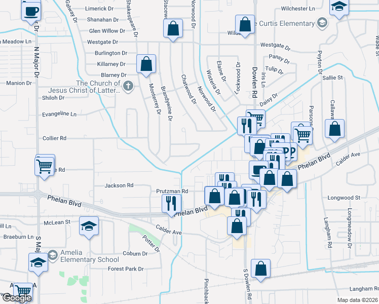 map of restaurants, bars, coffee shops, grocery stores, and more near 6860 Saratoga Circle in Beaumont