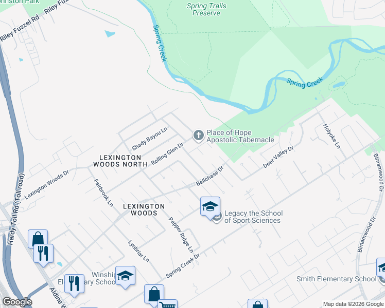map of restaurants, bars, coffee shops, grocery stores, and more near 25547 Chapel Ridge Lane in Spring