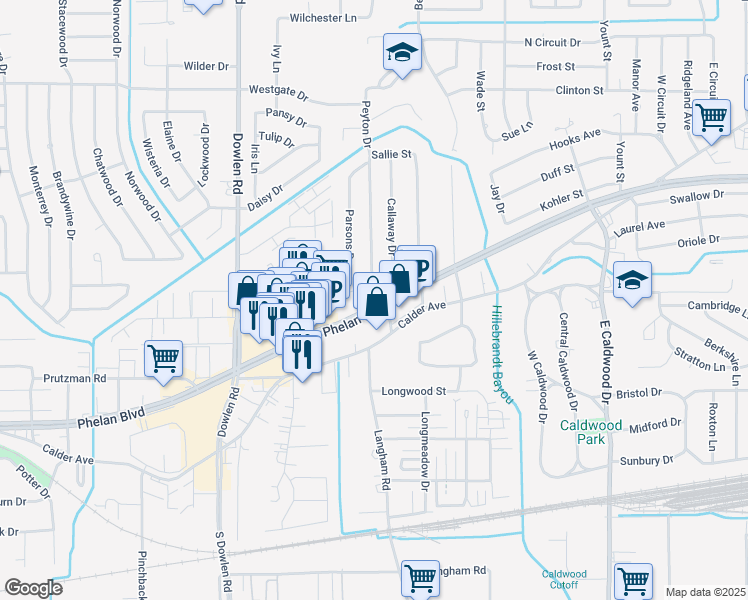 map of restaurants, bars, coffee shops, grocery stores, and more near 6025 Phelan Boulevard in Beaumont