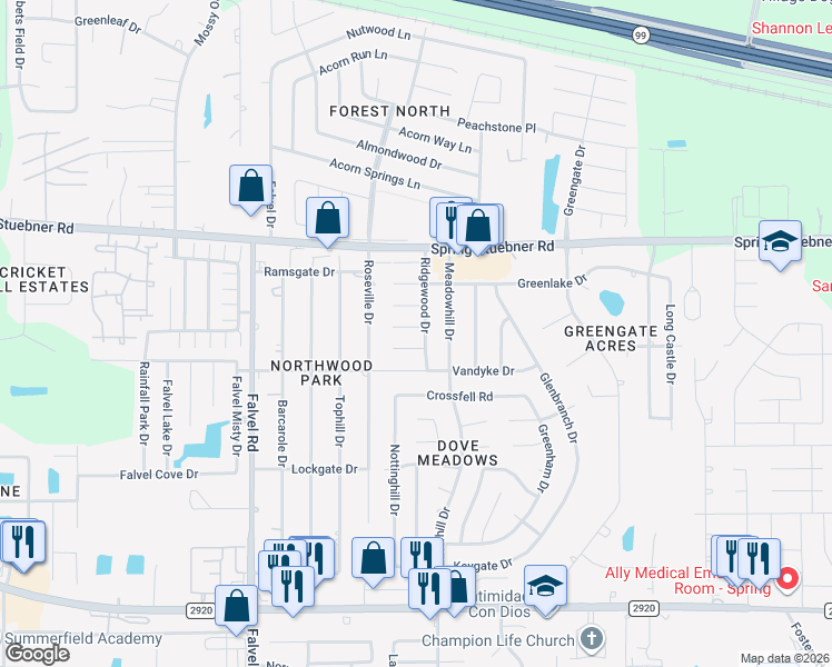 map of restaurants, bars, coffee shops, grocery stores, and more near 3410 Meadowlark Lane in Spring