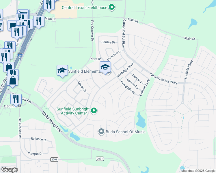 map of restaurants, bars, coffee shops, grocery stores, and more near 242 Martha Drive in Buda