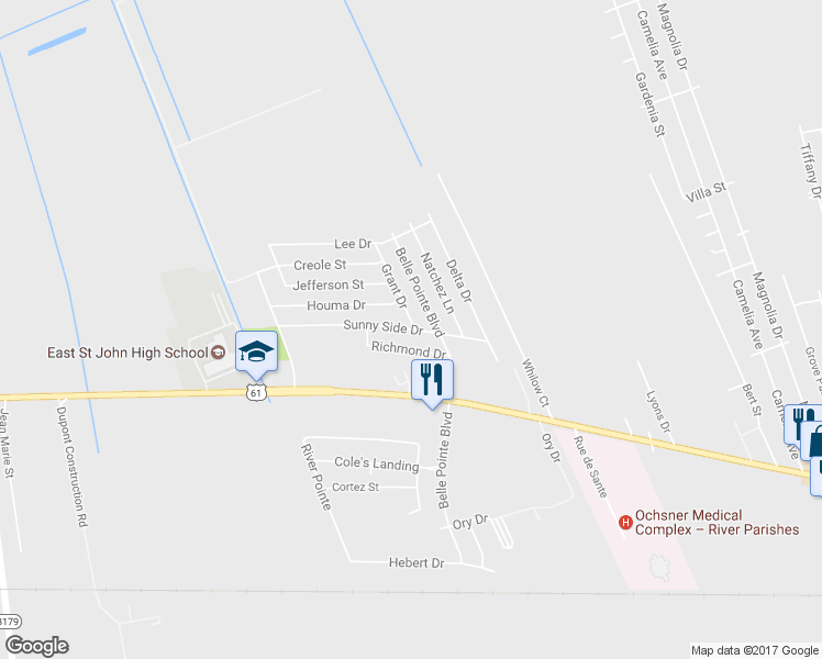 map of restaurants, bars, coffee shops, grocery stores, and more near 8894 Sunny Side Drive in LaPlace