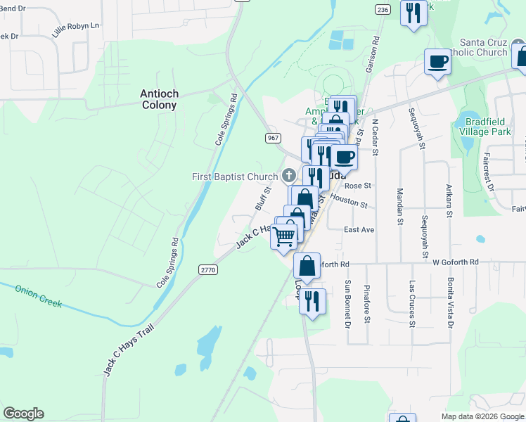 map of restaurants, bars, coffee shops, grocery stores, and more near 144 Watson Court in Buda