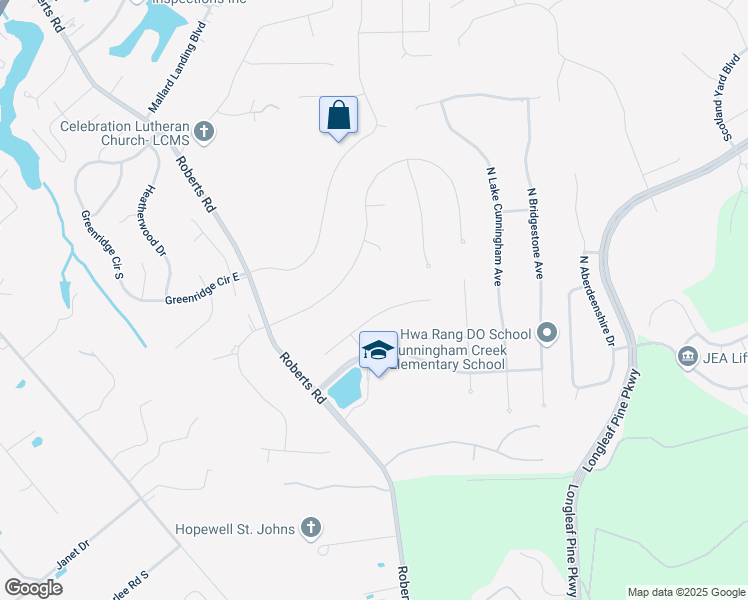 map of restaurants, bars, coffee shops, grocery stores, and more near 121 Nottingham Drive East in Jacksonville