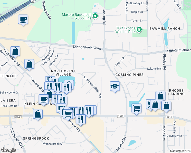 map of restaurants, bars, coffee shops, grocery stores, and more near 21727 Tatton Crest Court in Spring