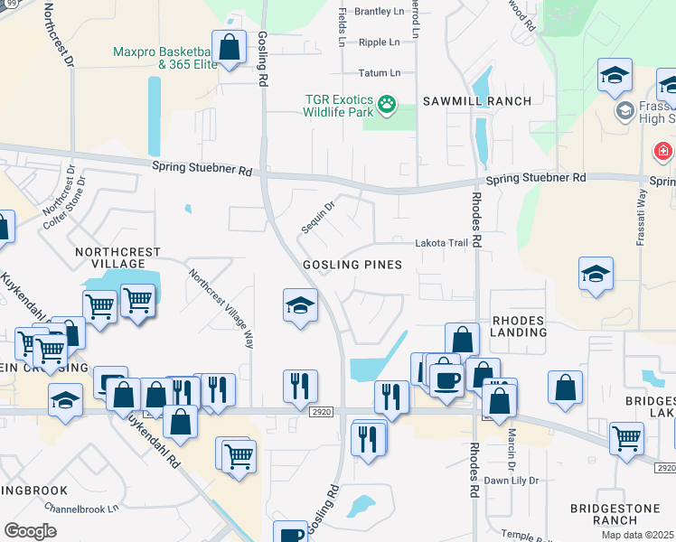 map of restaurants, bars, coffee shops, grocery stores, and more near 5531 Lakota Trail in Spring