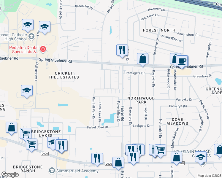 map of restaurants, bars, coffee shops, grocery stores, and more near Mossy Spring Ln in Spring