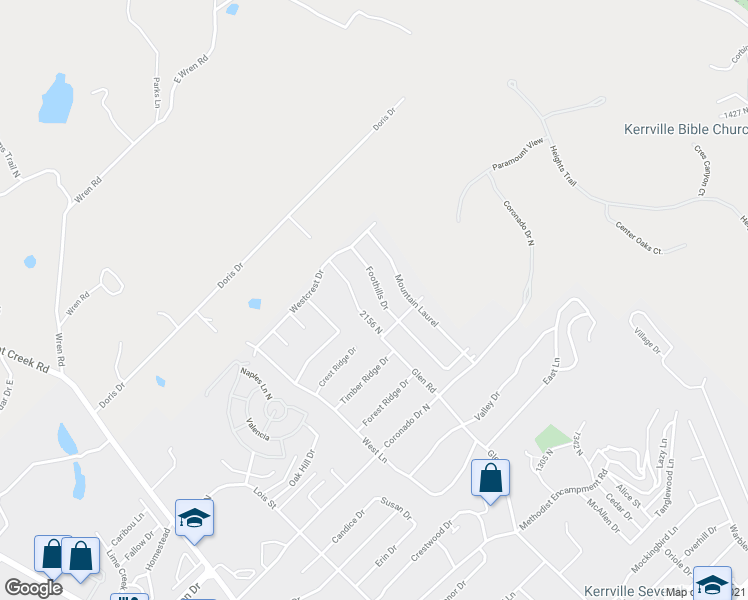 map of restaurants, bars, coffee shops, grocery stores, and more near 1817 Foothills Drive in Kerrville