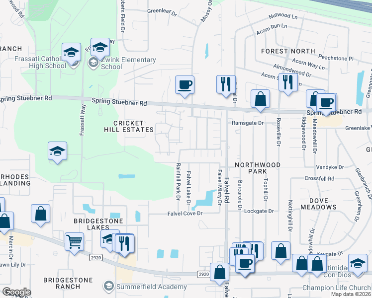 map of restaurants, bars, coffee shops, grocery stores, and more near 7603 Mossy Spring Lane in Spring