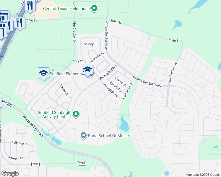 map of restaurants, bars, coffee shops, grocery stores, and more near 120 Firethorn Drive in Buda