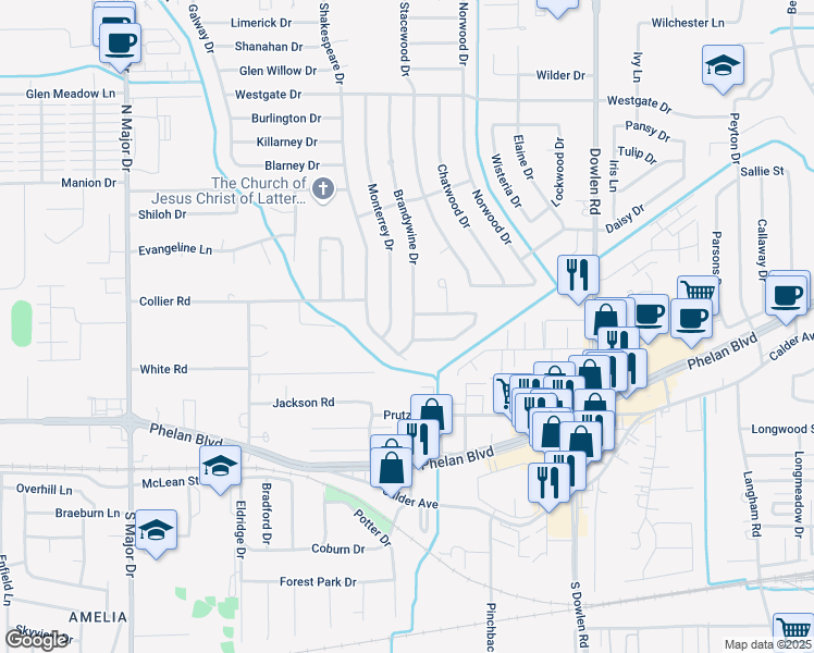 map of restaurants, bars, coffee shops, grocery stores, and more near 725 Brandywine Drive in Beaumont