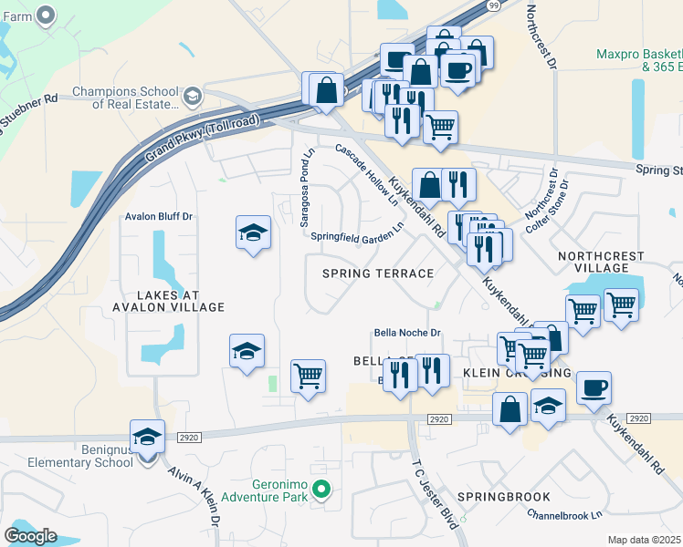 map of restaurants, bars, coffee shops, grocery stores, and more near 6814 Shallow River Court in Spring