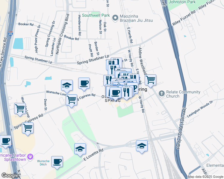 map of restaurants, bars, coffee shops, grocery stores, and more near Prairie Street in Spring