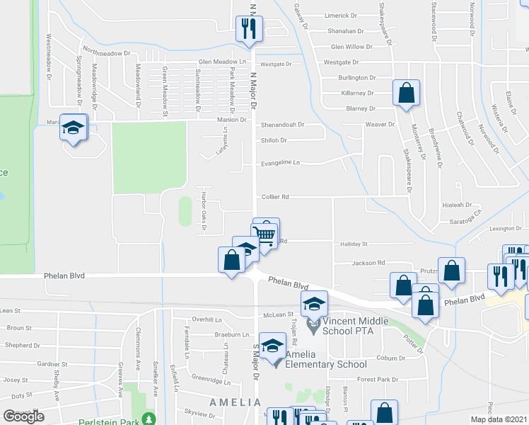 map of restaurants, bars, coffee shops, grocery stores, and more near 450 North Major Drive in Beaumont
