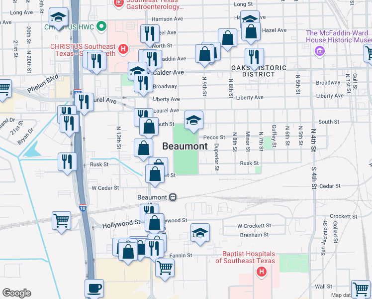 map of restaurants, bars, coffee shops, grocery stores, and more near 88 Jaguar Drive in Beaumont