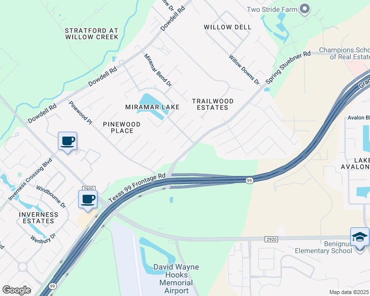 map of restaurants, bars, coffee shops, grocery stores, and more near 8319 Calico Canyon Drive in Tomball