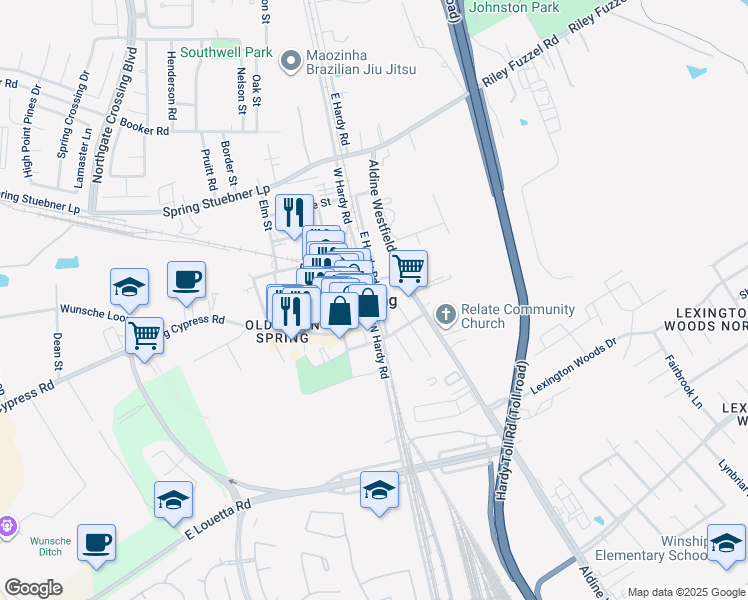 map of restaurants, bars, coffee shops, grocery stores, and more near in Spring