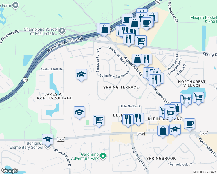 map of restaurants, bars, coffee shops, grocery stores, and more near 6807 Shallow River Court in Spring