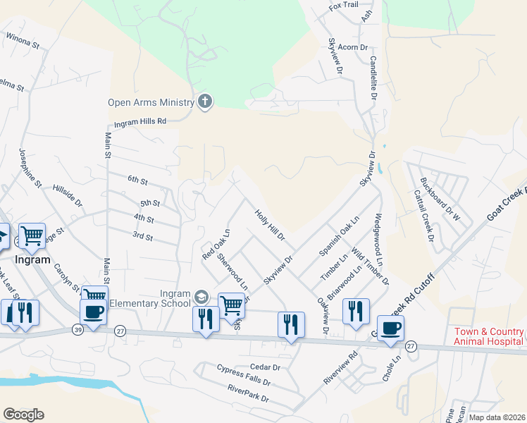 map of restaurants, bars, coffee shops, grocery stores, and more near 116 Holly Hill Drive in Ingram