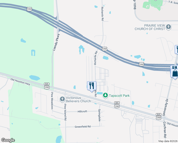 map of restaurants, bars, coffee shops, grocery stores, and more near 23240 High Point Street in Prairie View