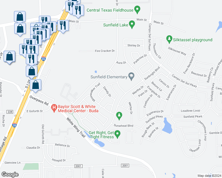 map of restaurants, bars, coffee shops, grocery stores, and more near 333 Stella Gold Street in Buda