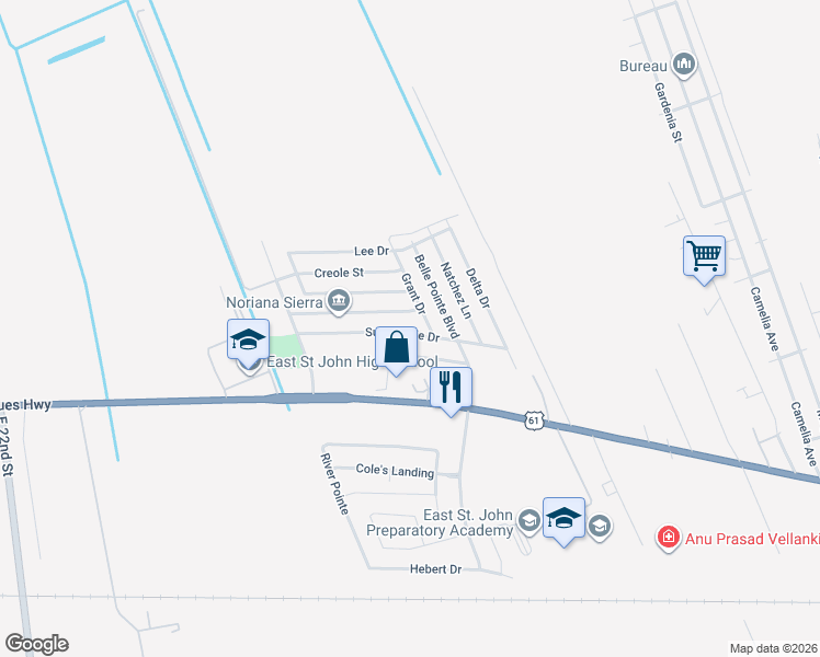 map of restaurants, bars, coffee shops, grocery stores, and more near 8881 Sunny Side Drive in LaPlace