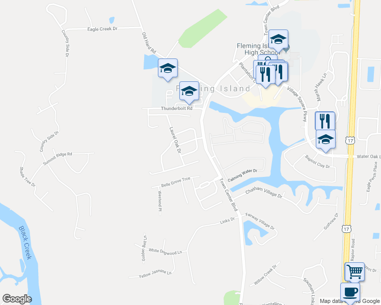 map of restaurants, bars, coffee shops, grocery stores, and more near 1538 Greenway Place in Fleming Island