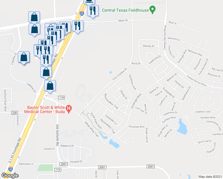 map of restaurants, bars, coffee shops, grocery stores, and more near 174 Pine Arbol in Buda