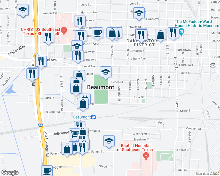 map of restaurants, bars, coffee shops, grocery stores, and more near 2590 Angelina Street in Beaumont
