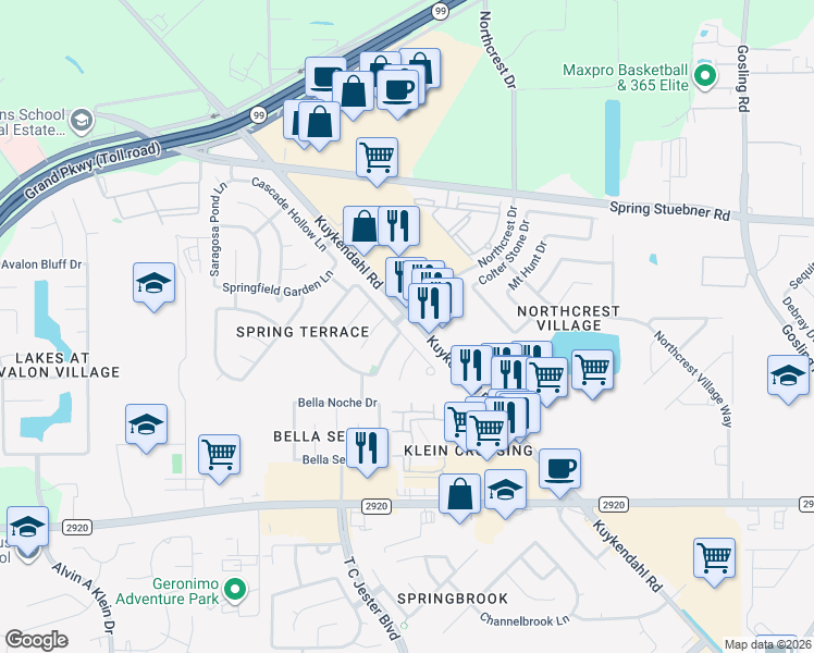 map of restaurants, bars, coffee shops, grocery stores, and more near 21502 Amesbury Meadow Lane in Spring