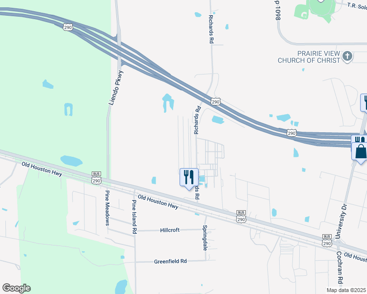 map of restaurants, bars, coffee shops, grocery stores, and more near 23240 High Point Street in Prairie View