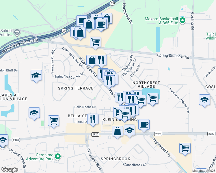 map of restaurants, bars, coffee shops, grocery stores, and more near 21502 Amesbury Meadow Lane in Spring