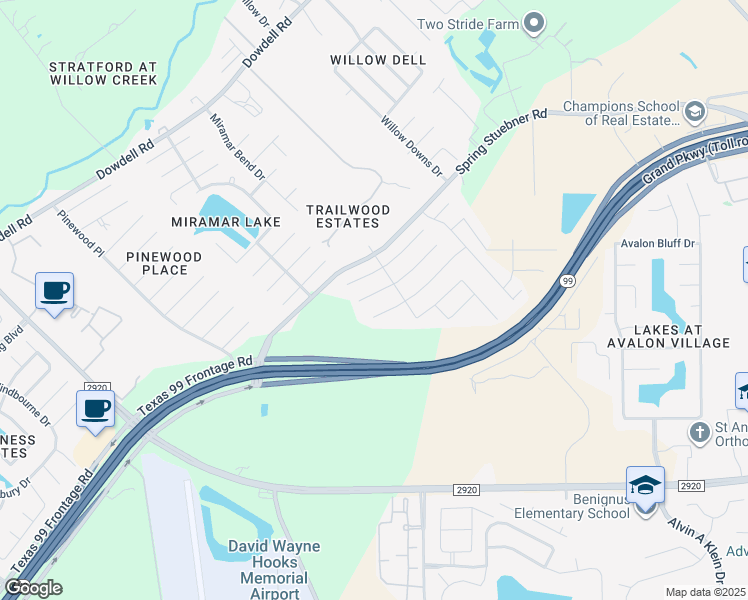 map of restaurants, bars, coffee shops, grocery stores, and more near 8327 Loetsch Ridge Way in Spring