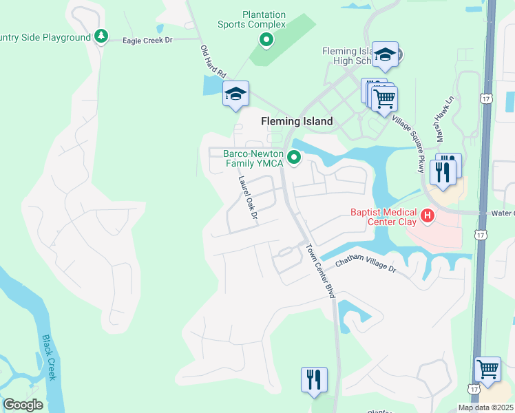 map of restaurants, bars, coffee shops, grocery stores, and more near 1550 Greenway Place in Orange Park