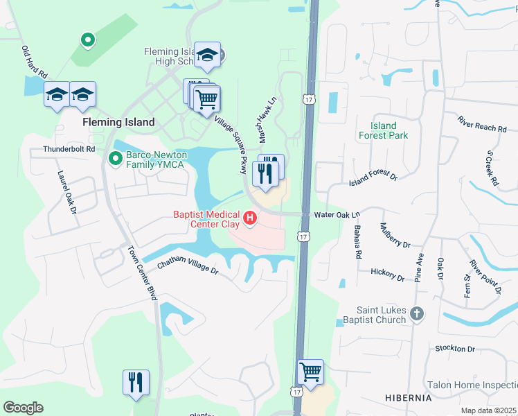 map of restaurants, bars, coffee shops, grocery stores, and more near 2320 Village Square Parkway in Fleming Island