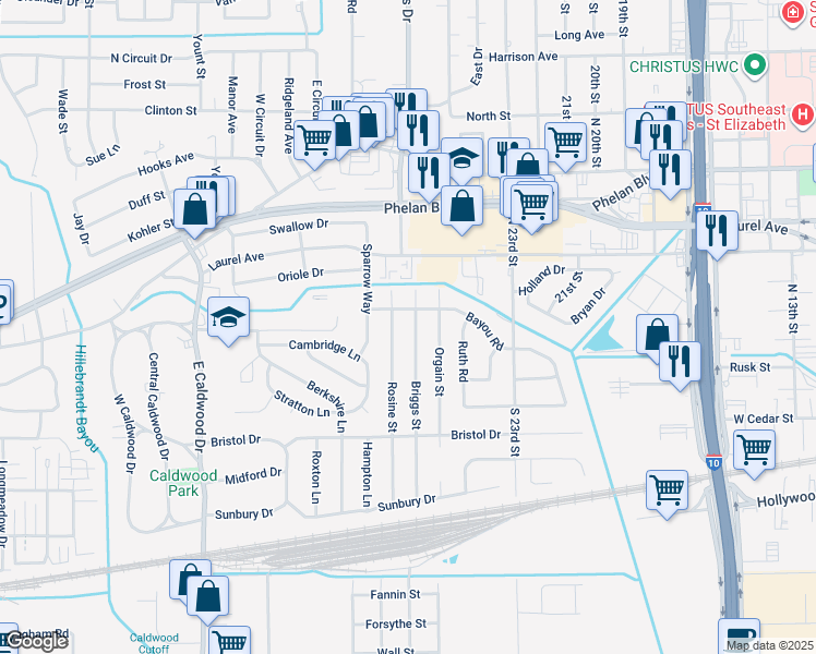map of restaurants, bars, coffee shops, grocery stores, and more near 116 Briggs Street in Beaumont