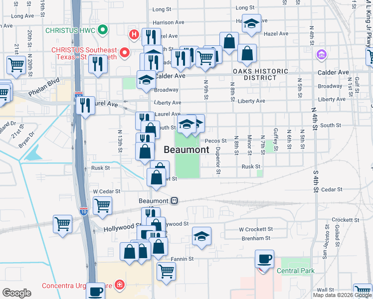map of restaurants, bars, coffee shops, grocery stores, and more near in Beaumont