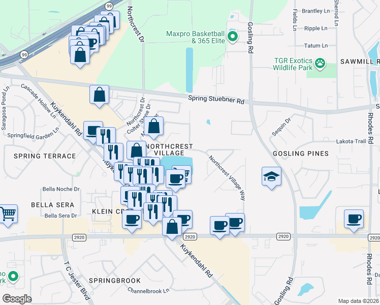 map of restaurants, bars, coffee shops, grocery stores, and more near 6007 Northcrest Village Way in Spring