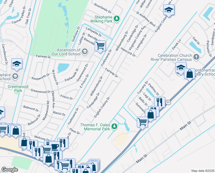 map of restaurants, bars, coffee shops, grocery stores, and more near 1804 Virginian Colony Avenue in LaPlace
