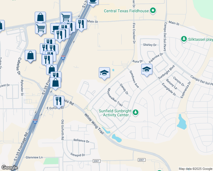 map of restaurants, bars, coffee shops, grocery stores, and more near 595 Pond View Pass in Buda